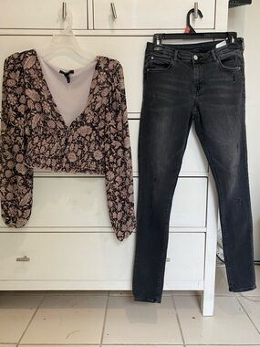 Forever 21 Black  Light Pink Blouse with H&M jeans casual duo
